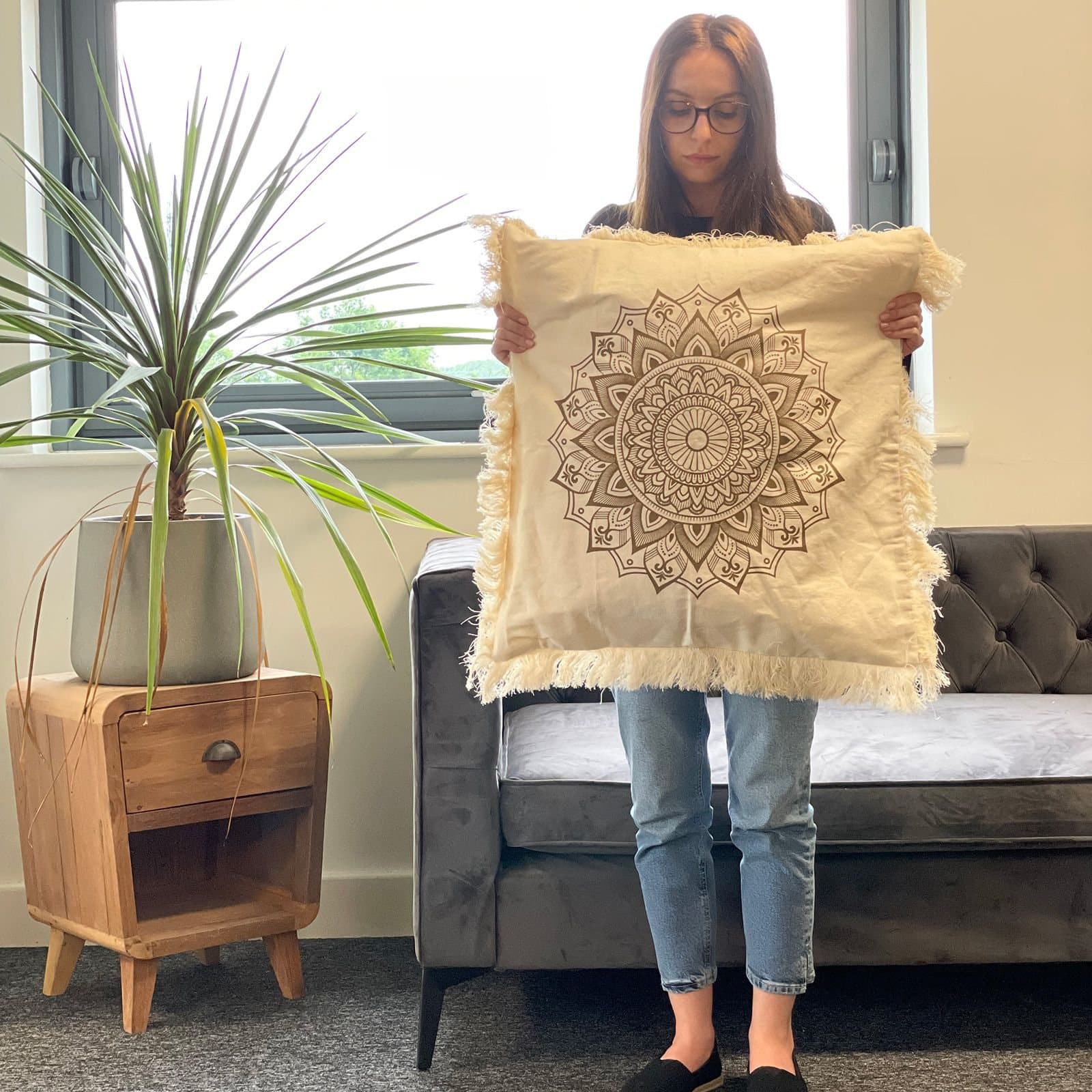 Bronze cotton cushion cover with a lotus mandala design