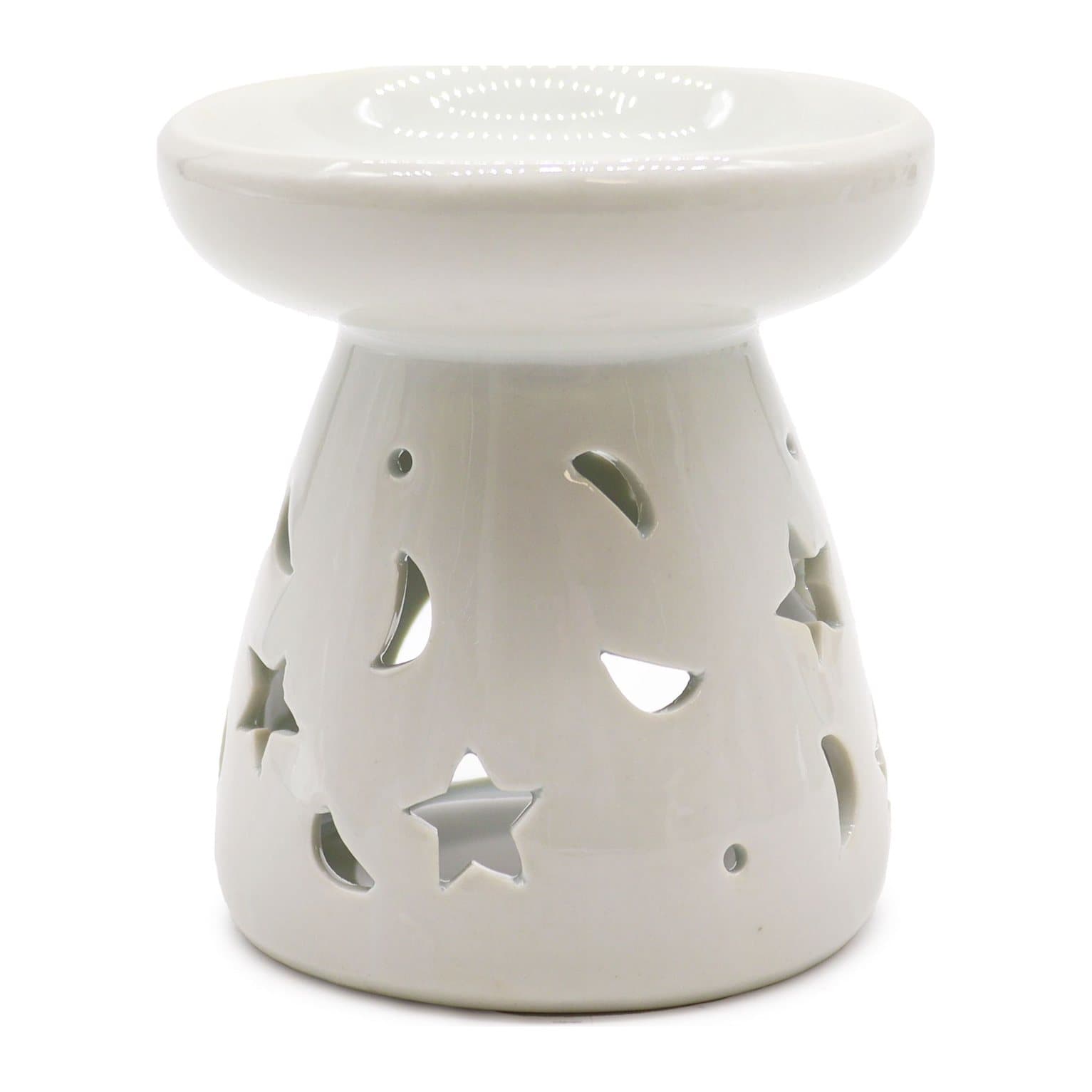 White ceramic oil burner with a moon and star design