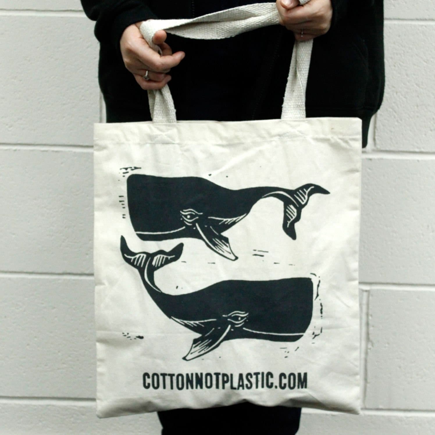 Large natural cotton bag with a whale block print and handles