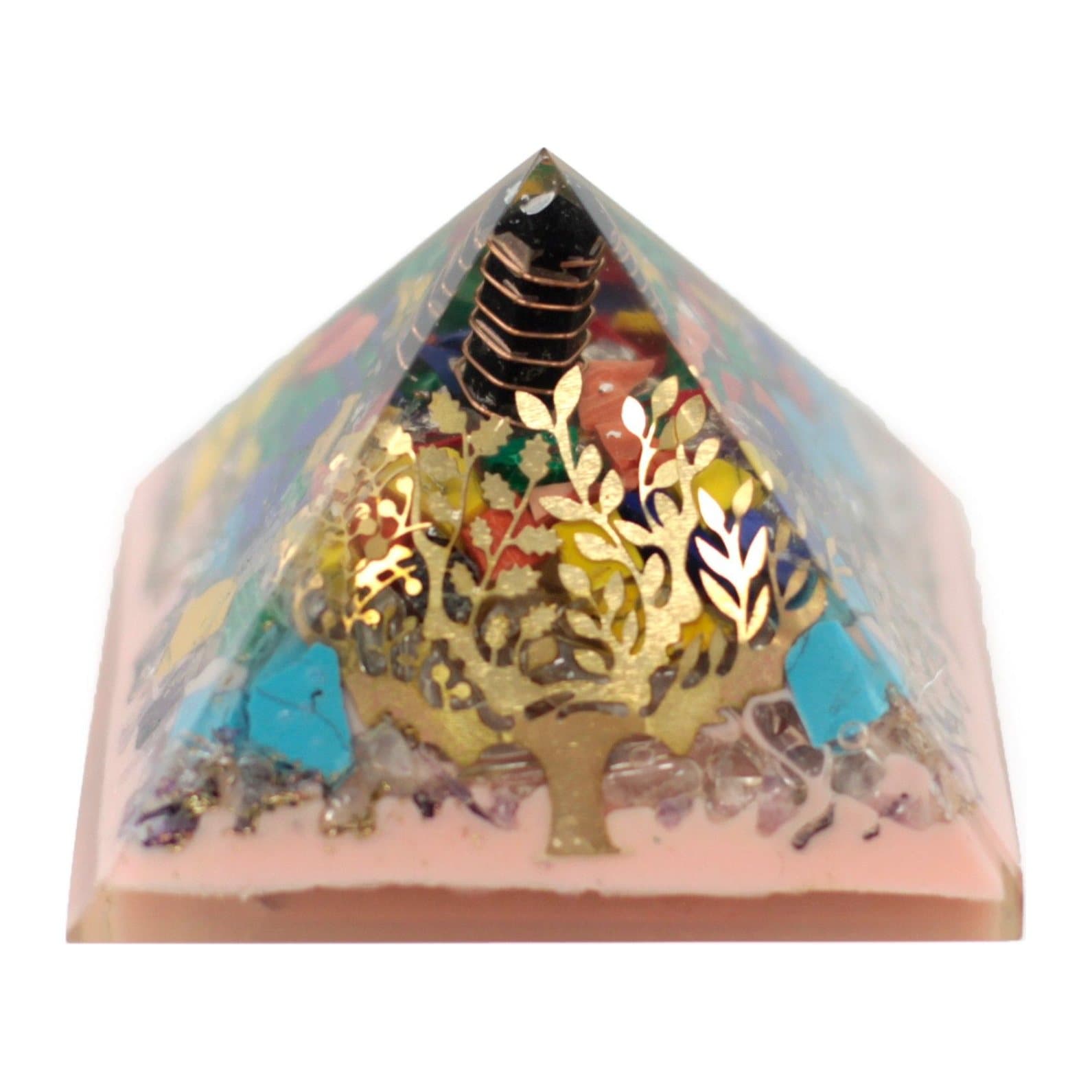 Orgonite pyramid with tree design on an earth base