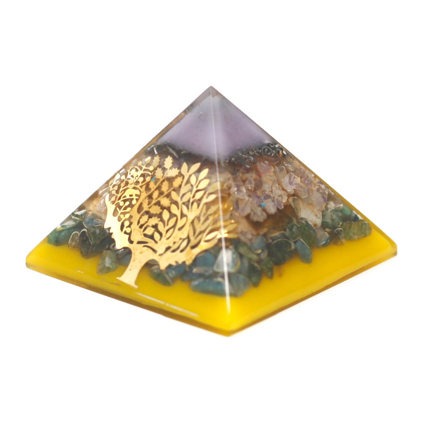 Tree orgonite pyramid with a gold base