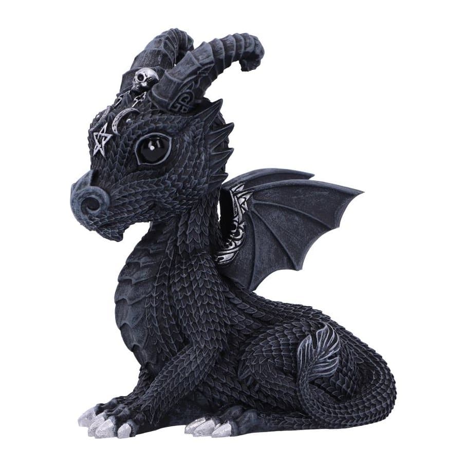 Lucifly occult dragon figurine with black eyes and silver detailing