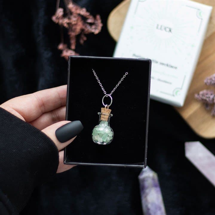 Green aventurine crystal chip potion bottle necklace with a cork stopper
