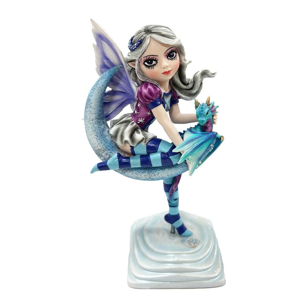 Lunar Fae fairy figurine holding a dragon on a crescent moon