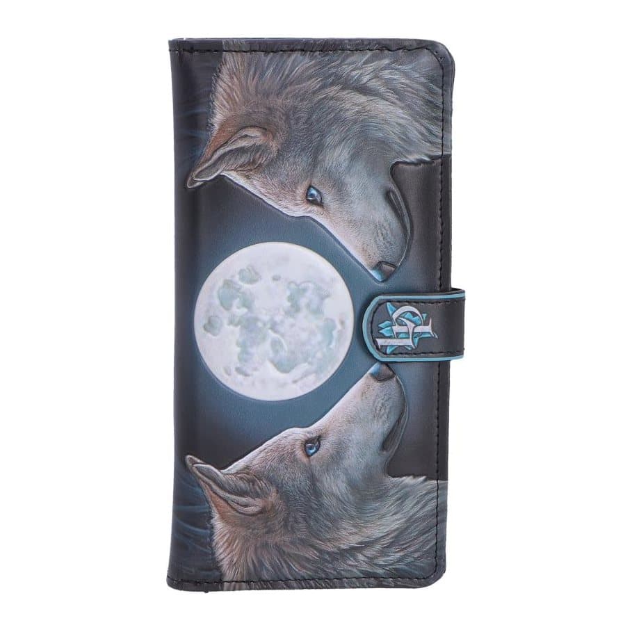 Lunar Gaze embossed purse with two white wolves nose to nose beneath a full moon