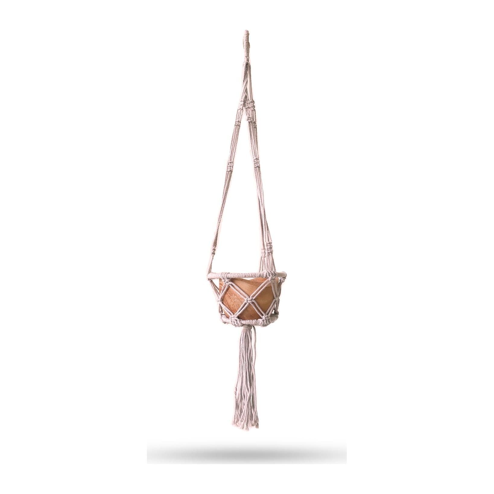 Small beige macrame hooped pot holder with a 16 cm hoop