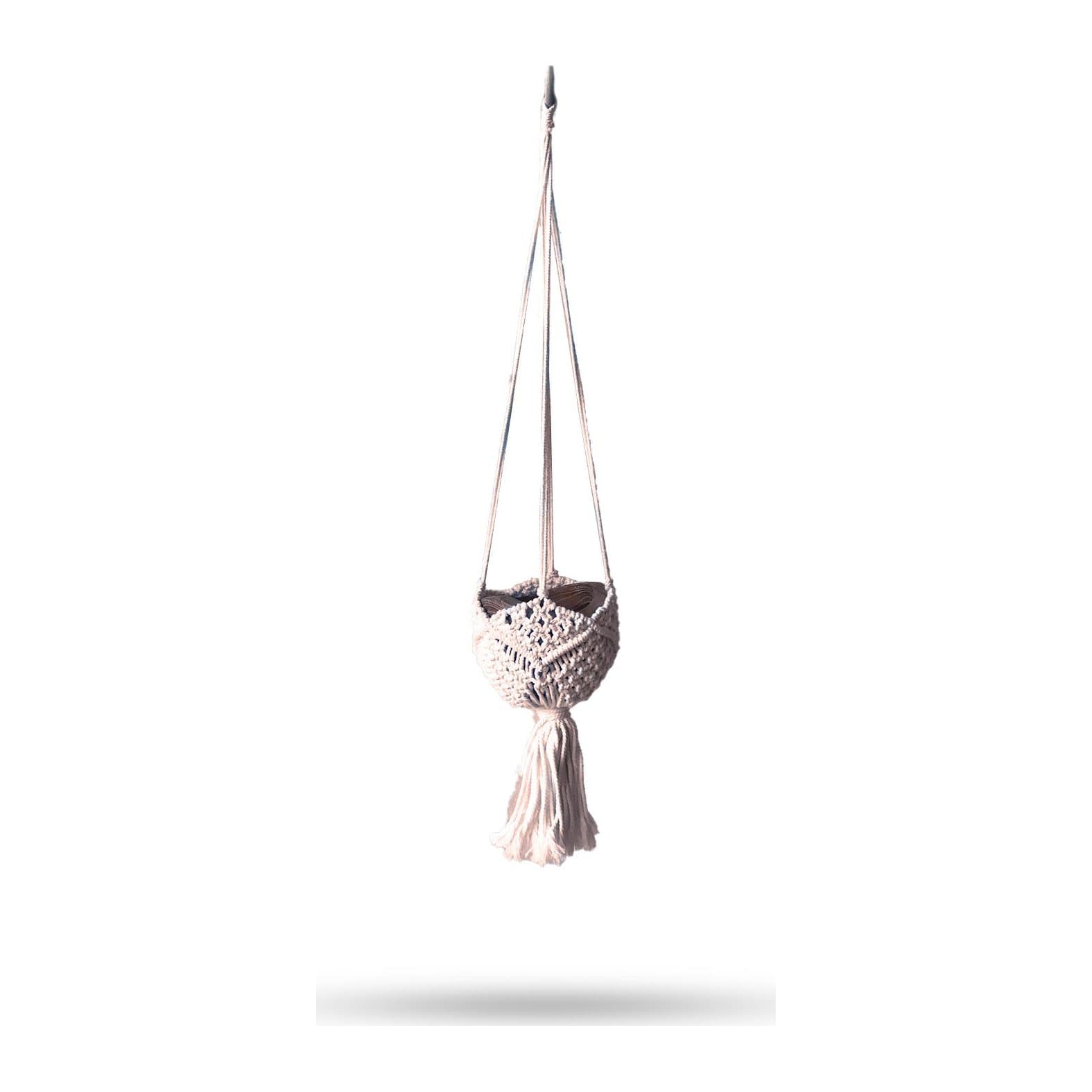 Beige macrame pot holder in cotton and wood