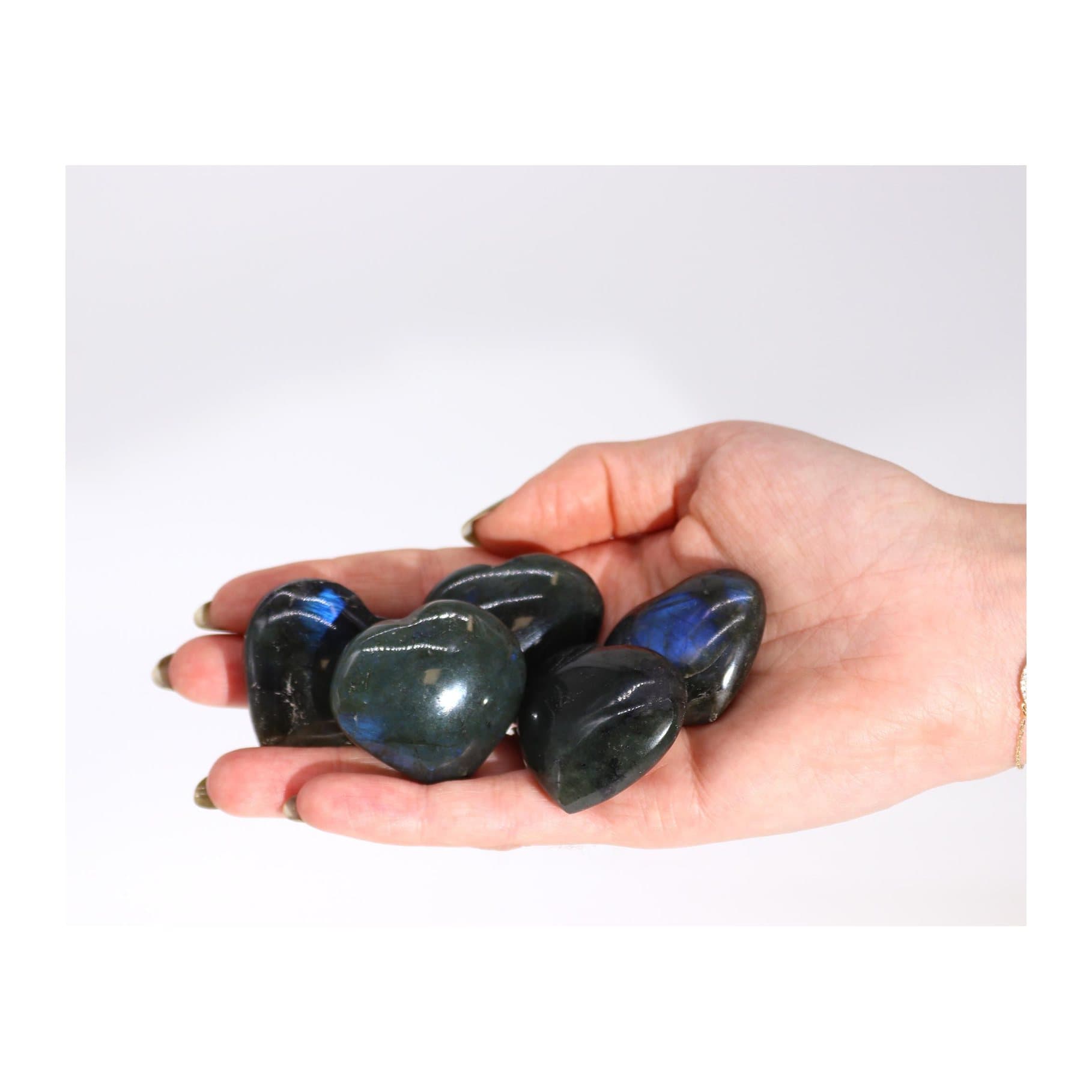 Heart-shaped labradorite stone from Madagascar with iridescent colours