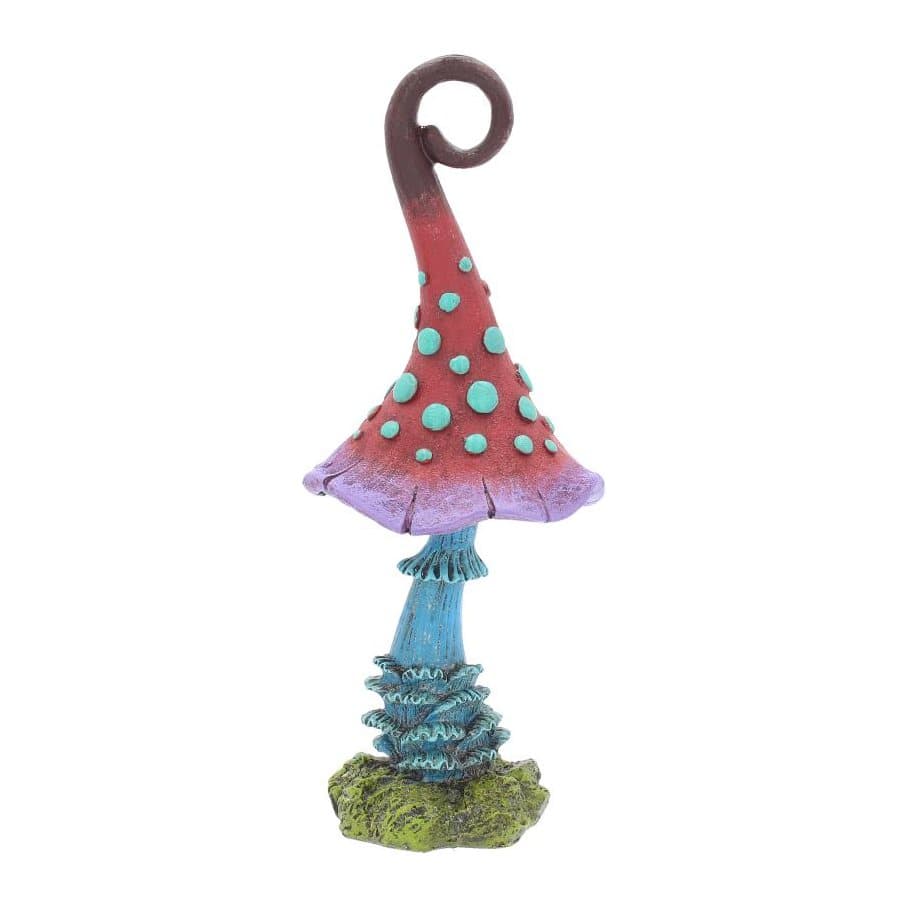 Fairy toadstool with a curled burgundy to red cap, blue spots and a pale blue stem