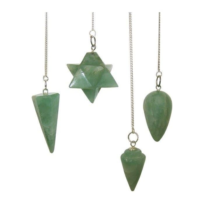 Green aventurine gemstone pendulum on a silver plated chain