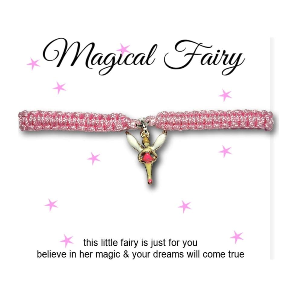 Pink nylon cord friendship bracelet with a pink enamel fairy charm