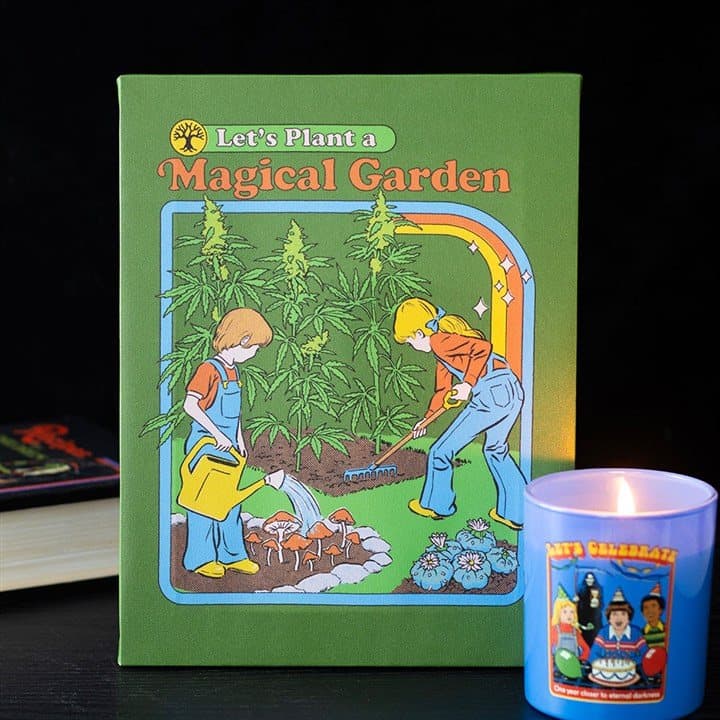 Stretched canvas plaque showing two children in a magical garden
