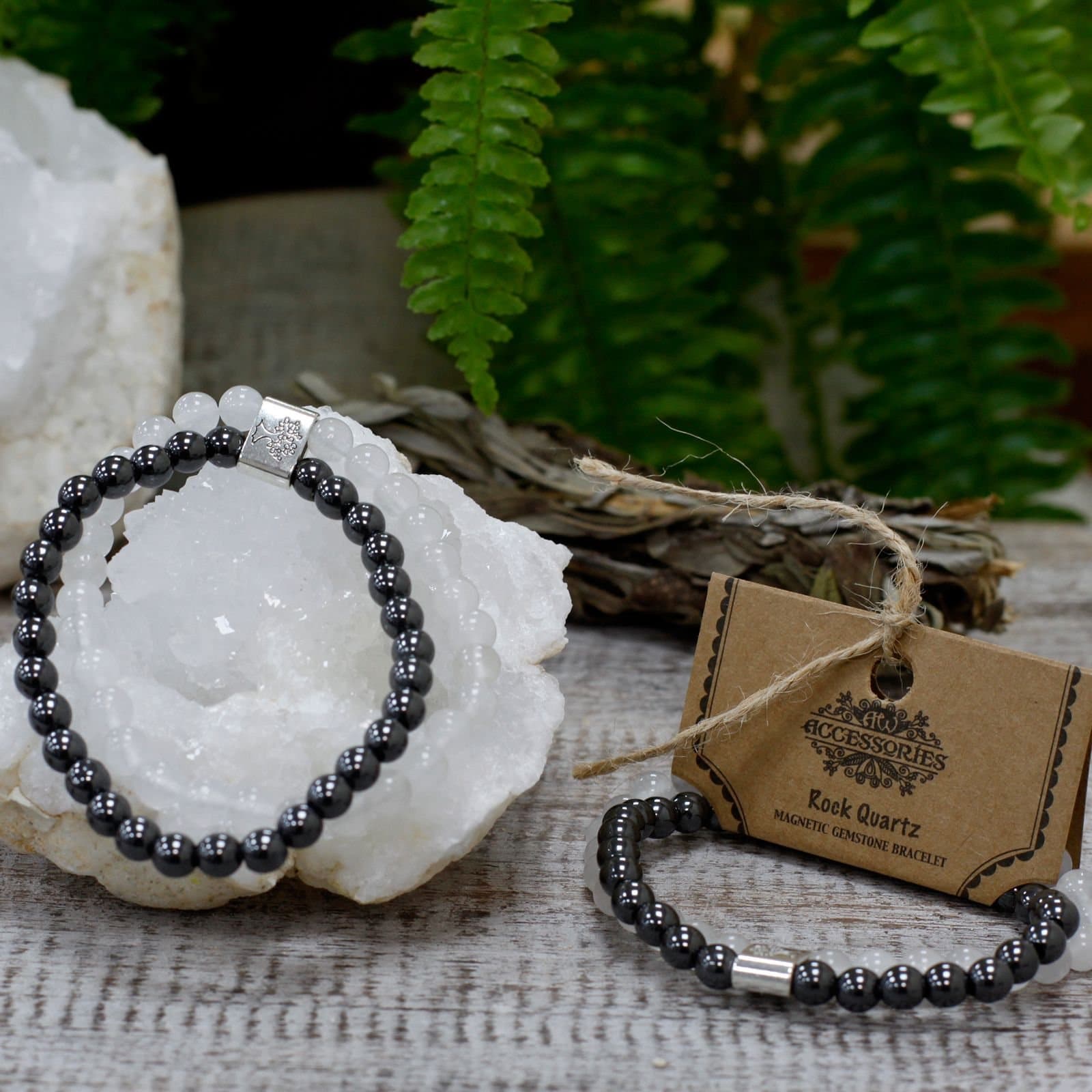 Magnetic gemstone bracelet in rock quartz, secured with elastic