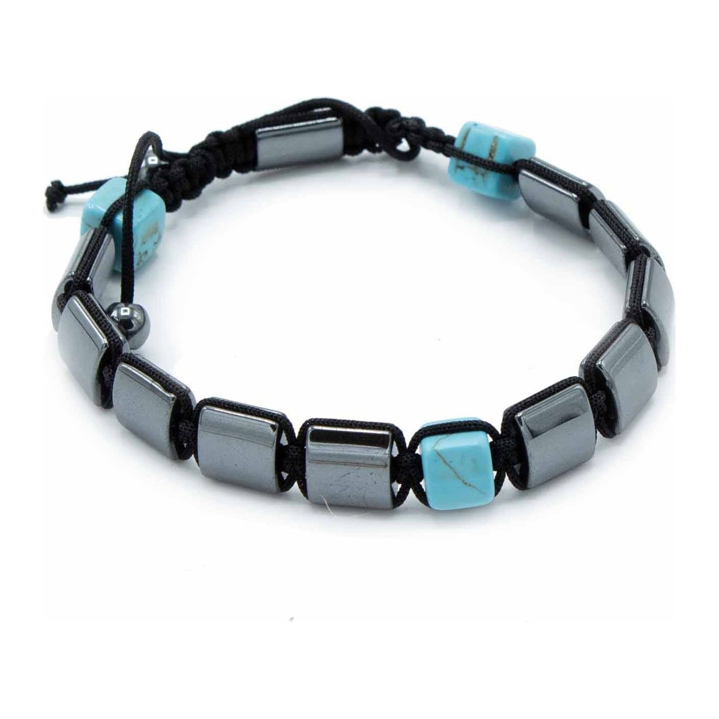 Black magnetic hematite bracelet with turquoise cuboids and a macrame knot