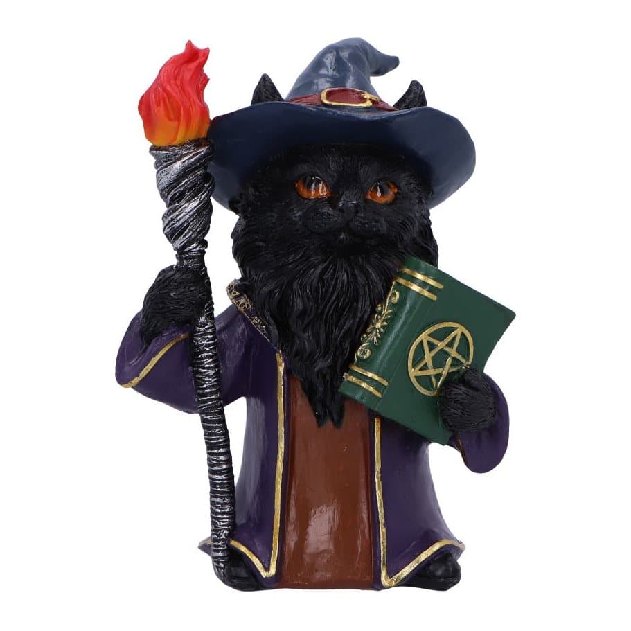 Magnus fantasy wizard cat figurine with a green spellbook and a lit torch