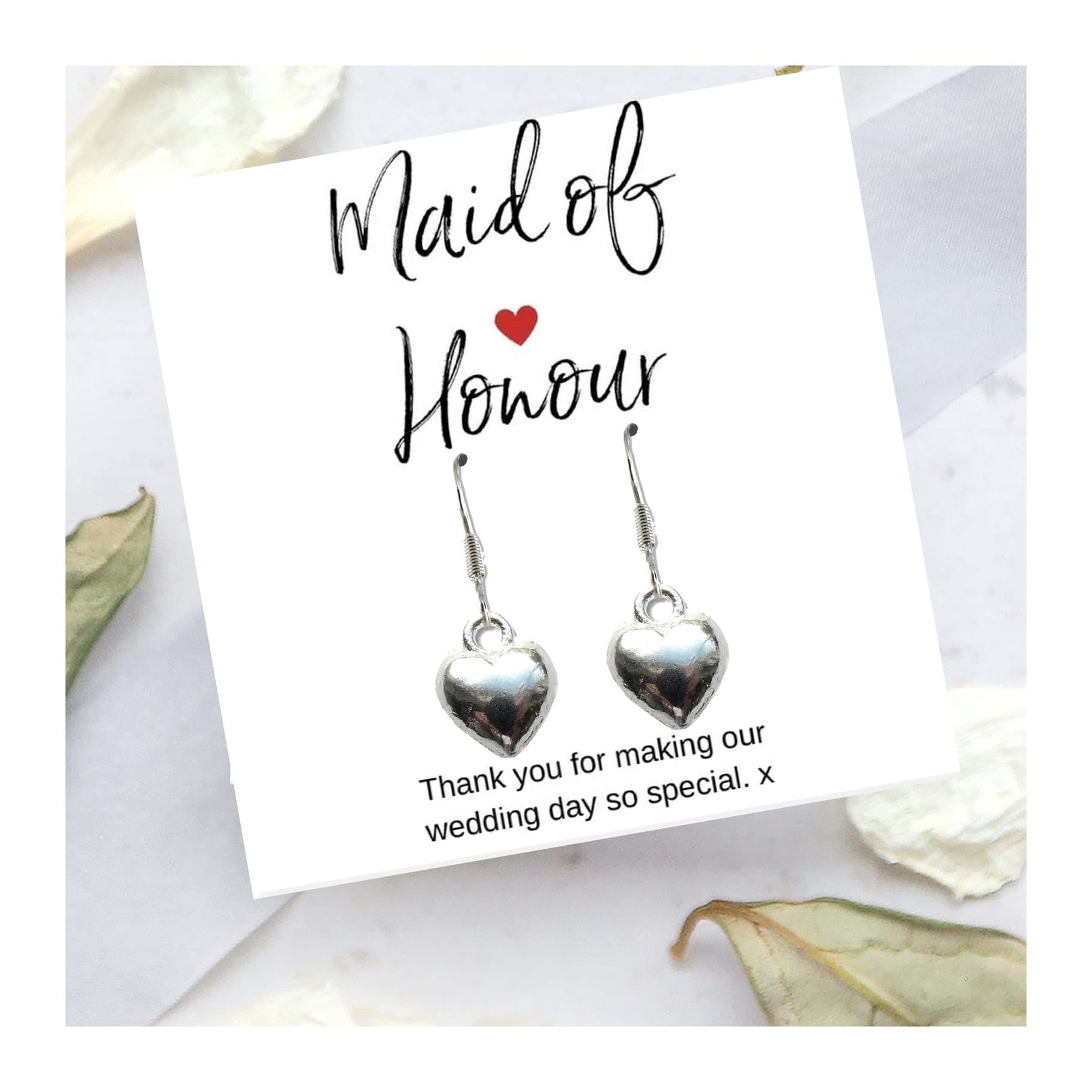 Maid of honour heart drop earrings with a thank you message card
