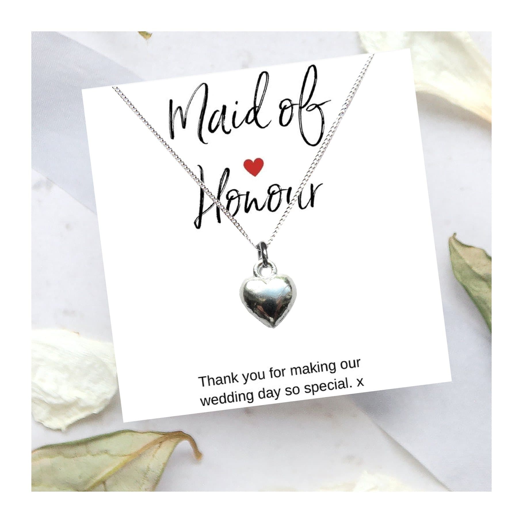 Silver heart necklace with a thank you card for a maid of honour