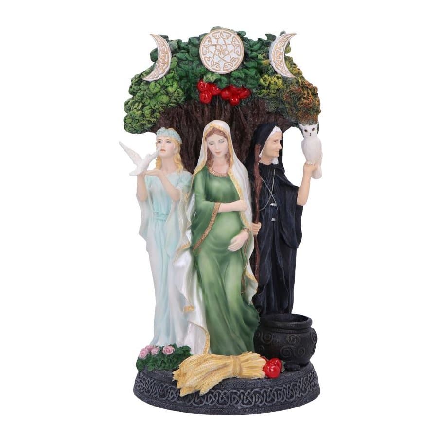 Painted Maiden, Mother and Crone figurine with a fruiting tree and moon symbols
