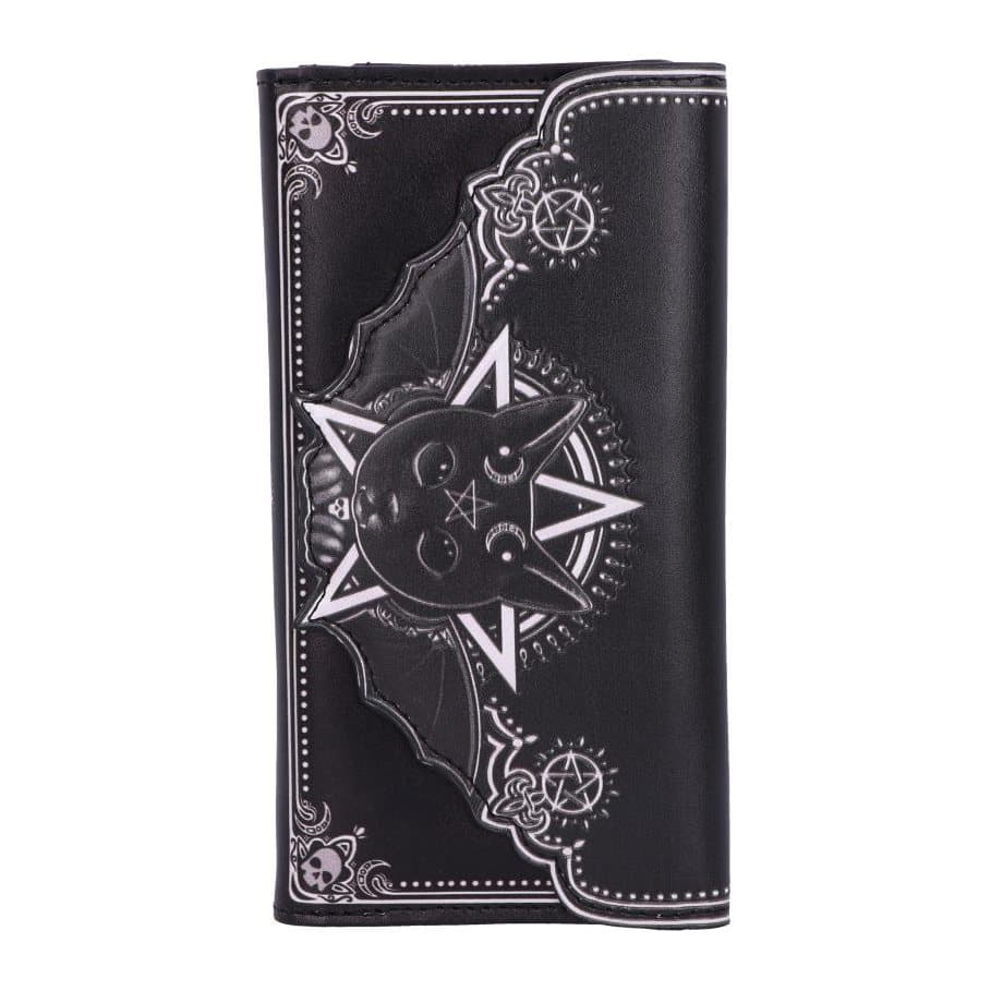Embossed Malpuss cat purse with bat wings and silver detailing