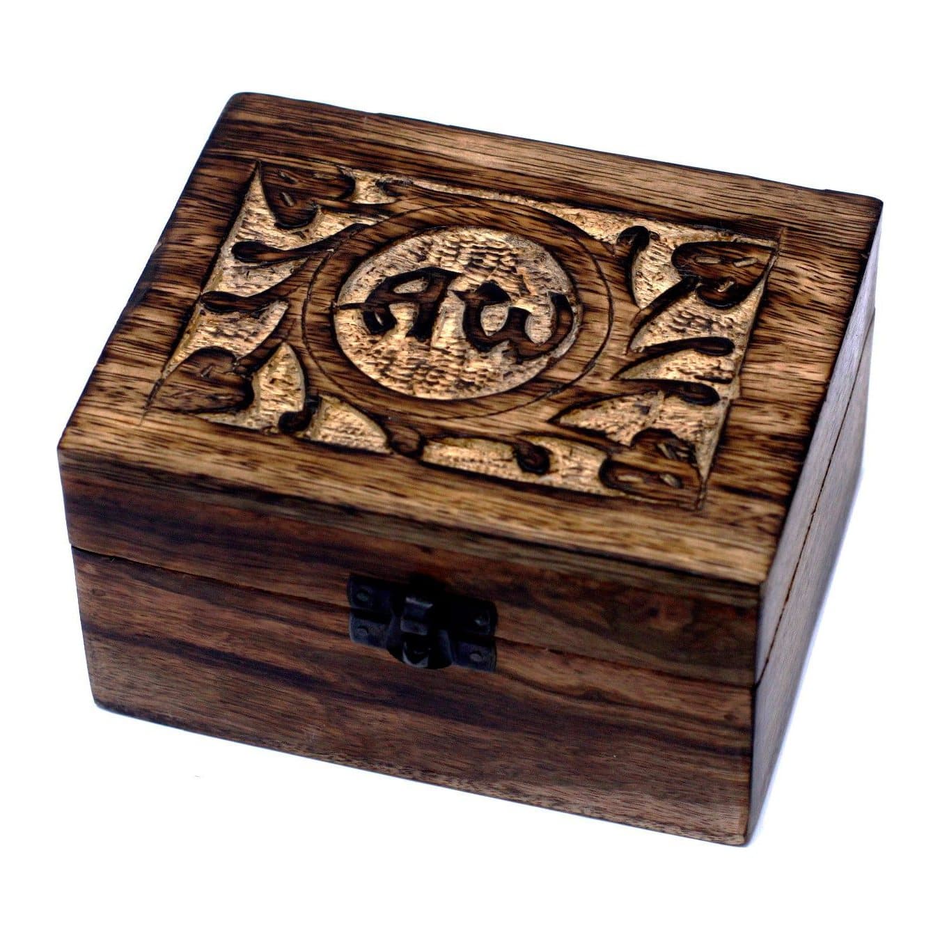 Mango wood aromatherapy box with hand-carved floral designs holding essential oil bottles