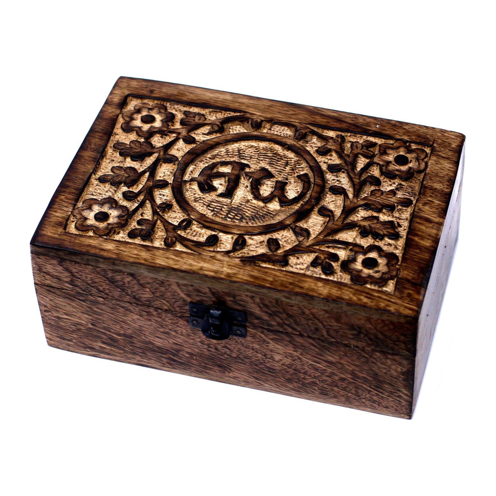 Carved mango wood aromatherapy box that holds 24 bottles of oil