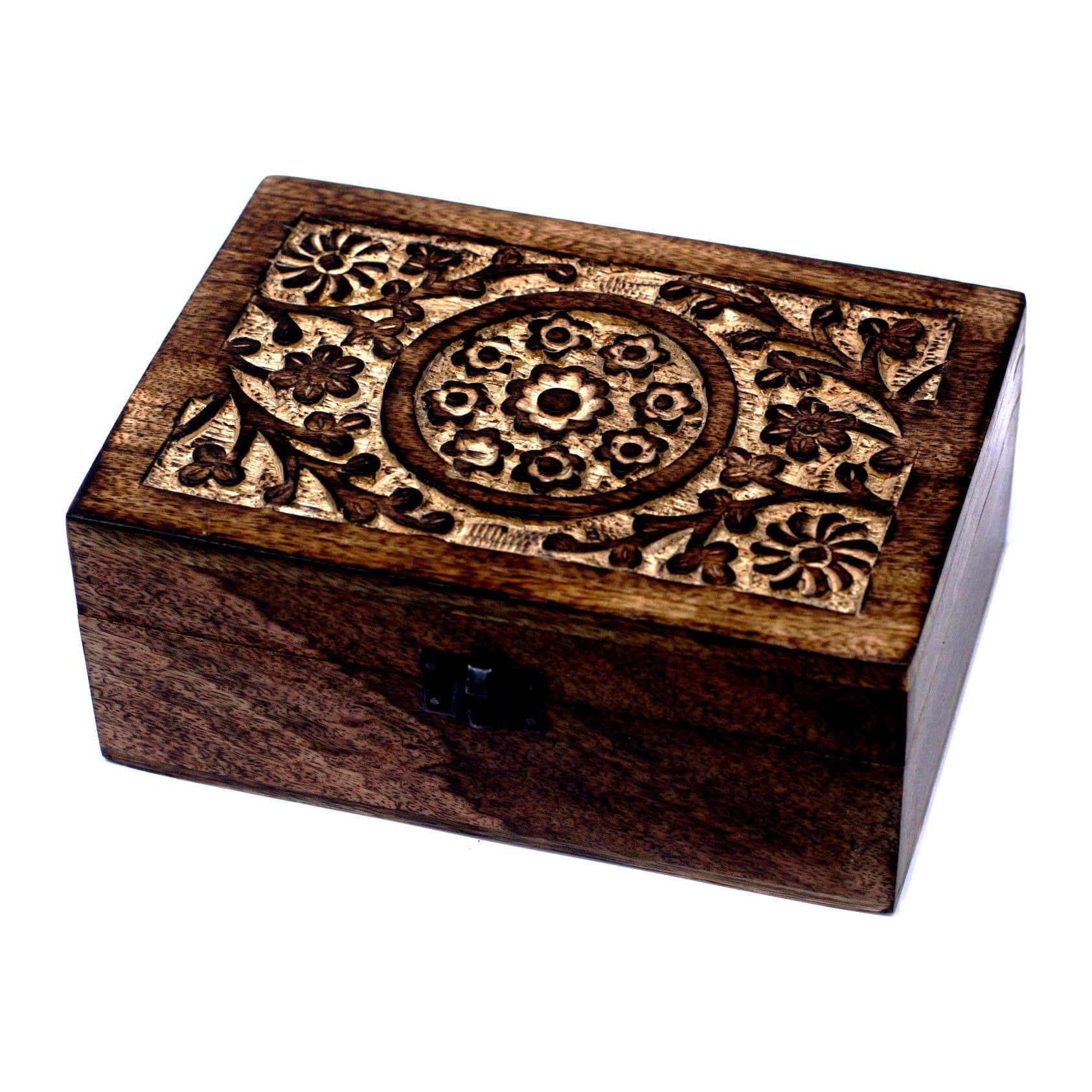 Floral carved mango wood aromatherapy box that holds 24 oil bottles