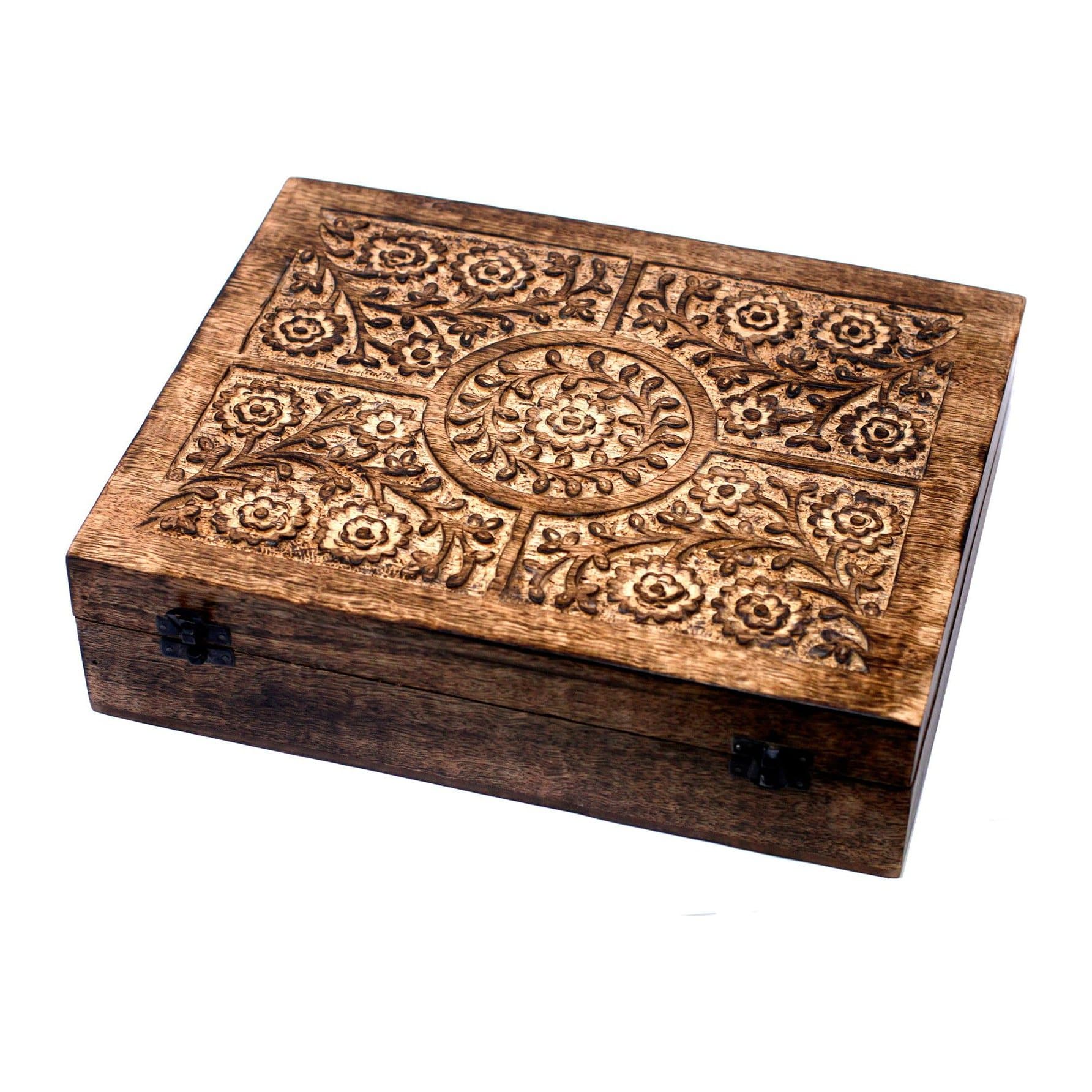 Floral carved mango wood aromatherapy box for essential oil bottles