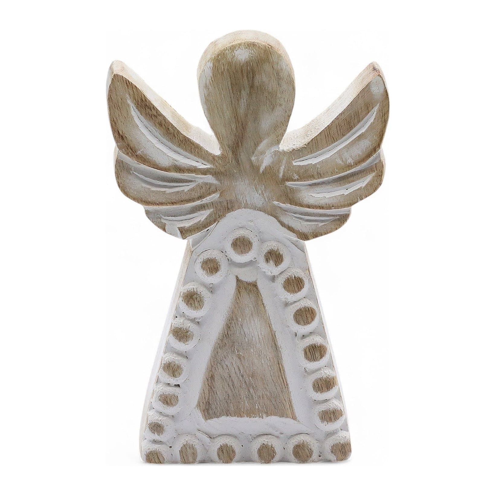 Hand-carved whitewashed mango wood angel with a distressed texture