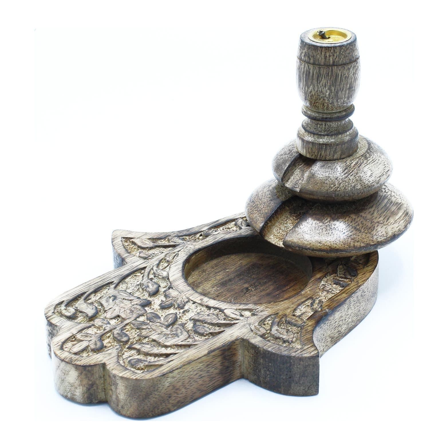 Medium mango wood backflow incense burner with a hamsa design