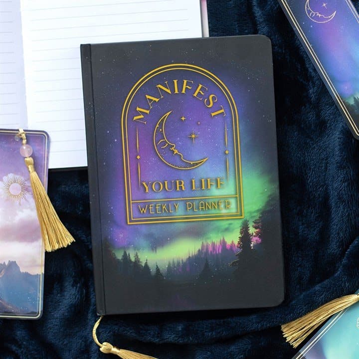 Manifest Your Life weekly A5 planner with forest scene and gold foil moon