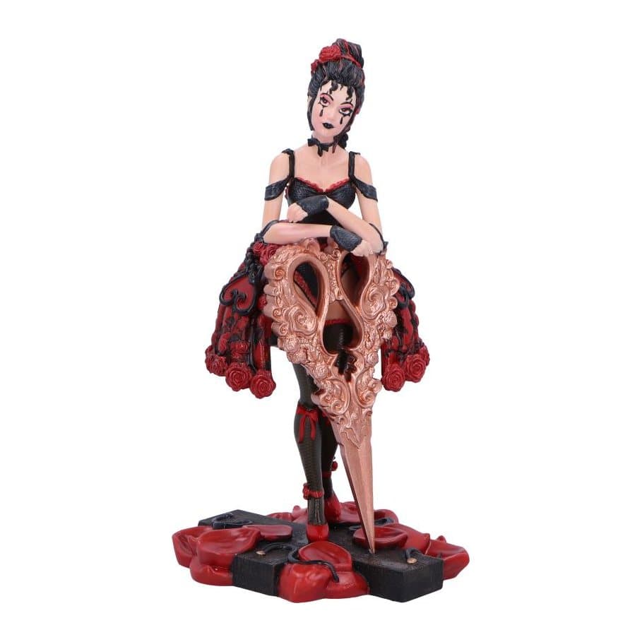 Burlesque doll puppet figurine in a black and red frilly skirt holding scissors