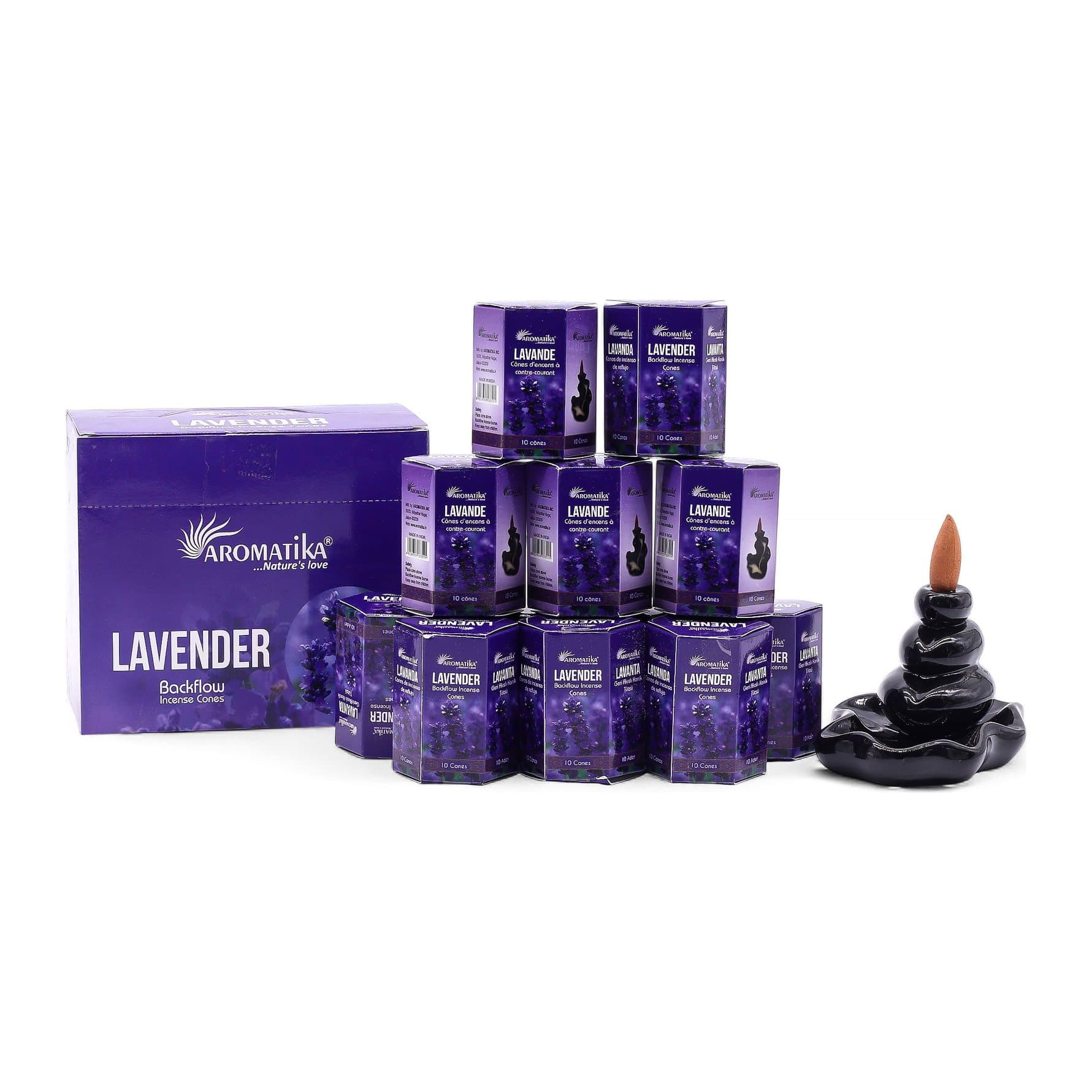 Lavender backflow incense cones in hexagon-shaped boxes