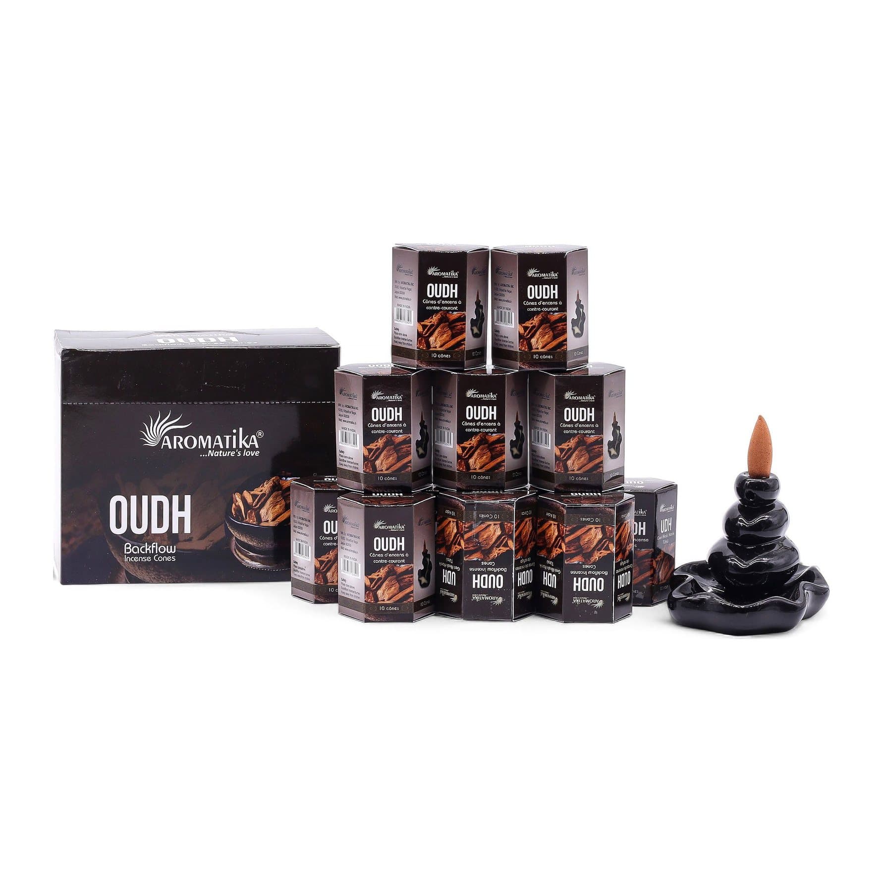 Hexagon-shaped box of Masala backflow incense cones in oudh scent