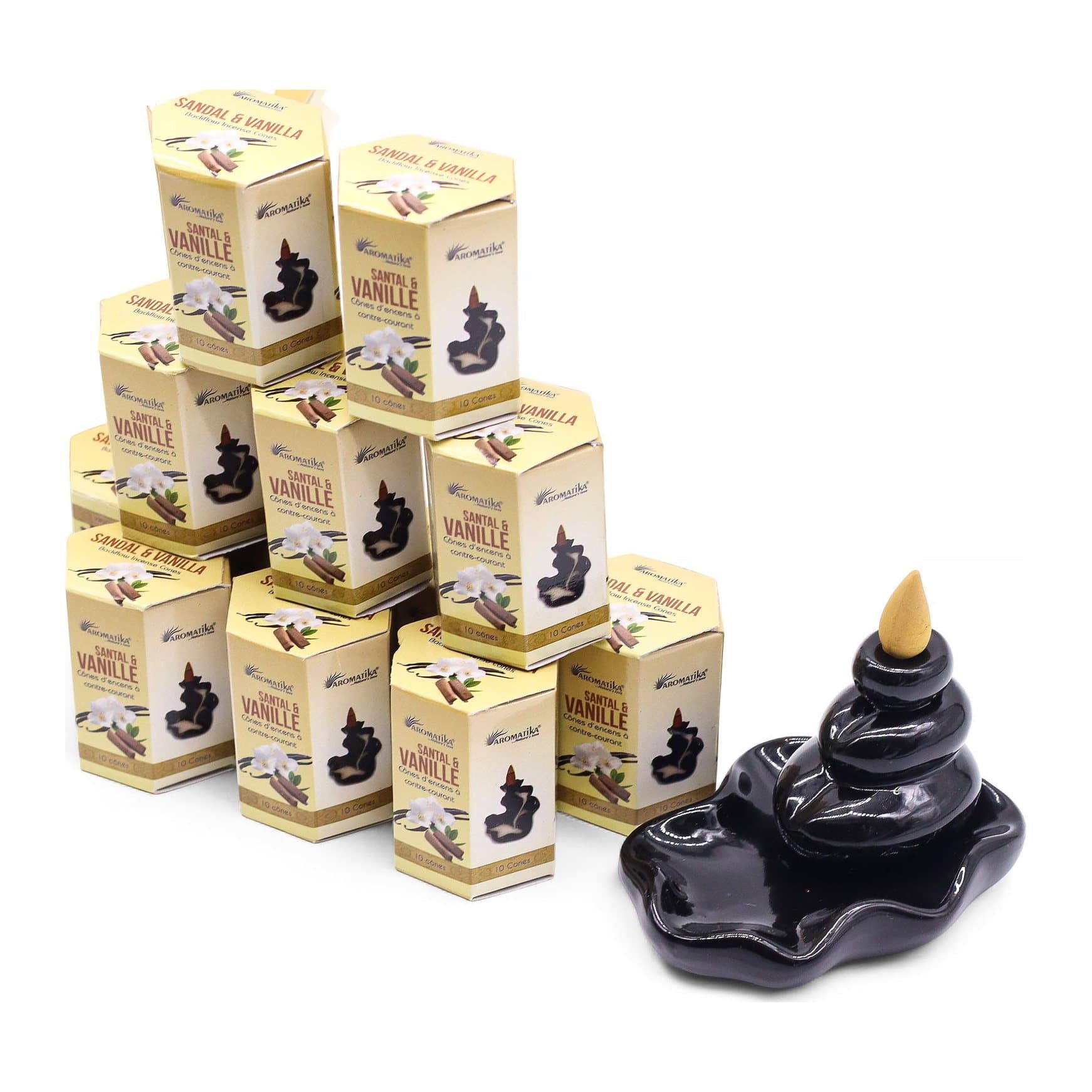 Masala backflow incense cones, sandalwood and vanilla, in hexagon-shaped boxes