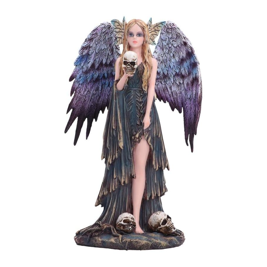 Gothic angel figurine holding a skull, with blue and purple painted wings.