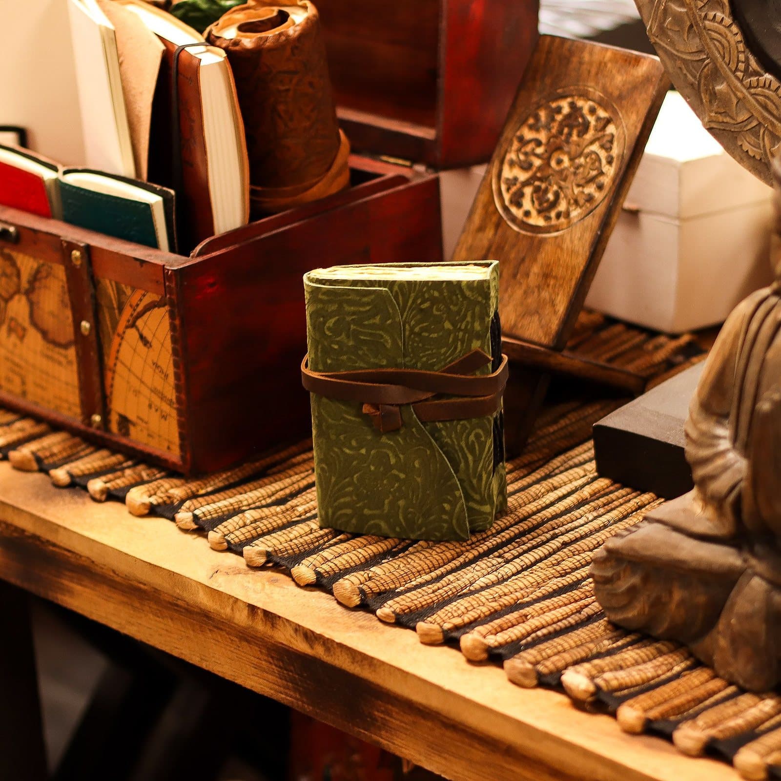 Pocket leather notebook with a green maze pattern