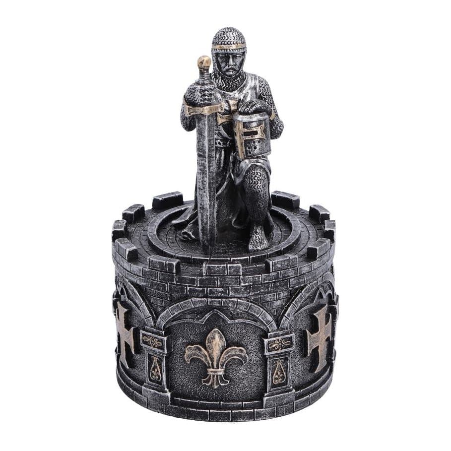 Round stone-effect trinket box with a kneeling knight on the lid