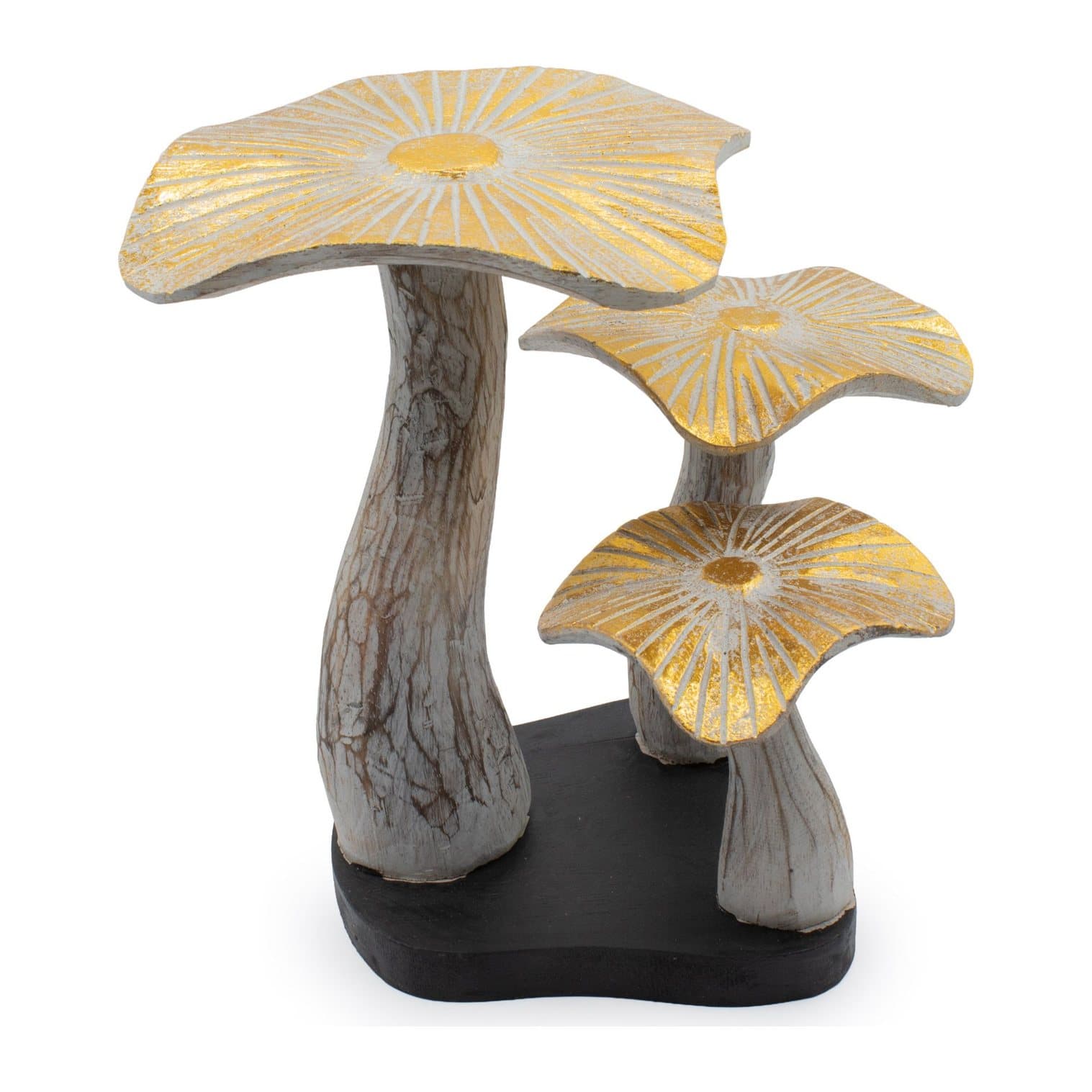 Whitewashed wooden mushroom sculpture with golden detailing and curved stems