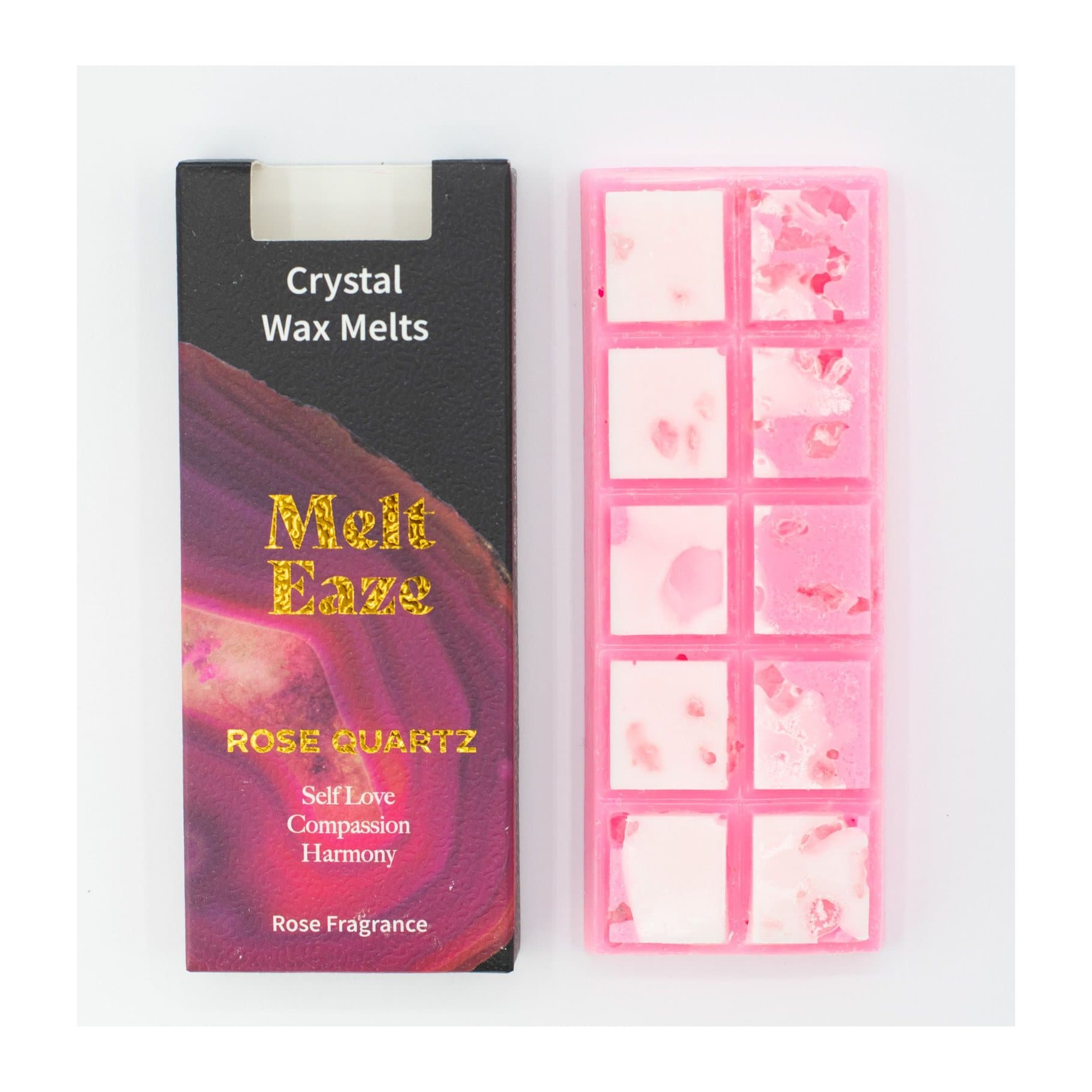 Pink Rose Quartz Love wax melt snap bars with rose quartz gemstone chips