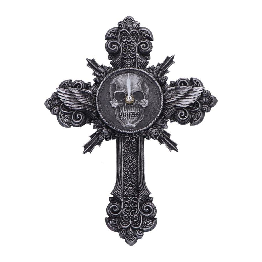 Gothic hanging clock shaped like a cross, with a winged skull on its face