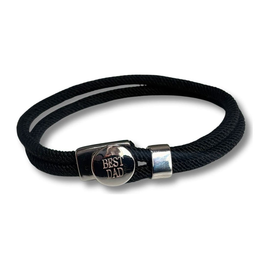 Men's black nylon bracelet with a silver button clasp personalised Best Dad