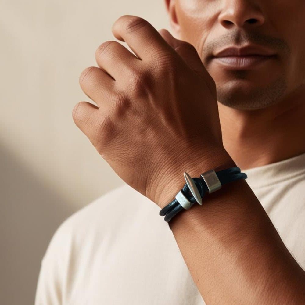 Men's black double leather bracelet with metal accents