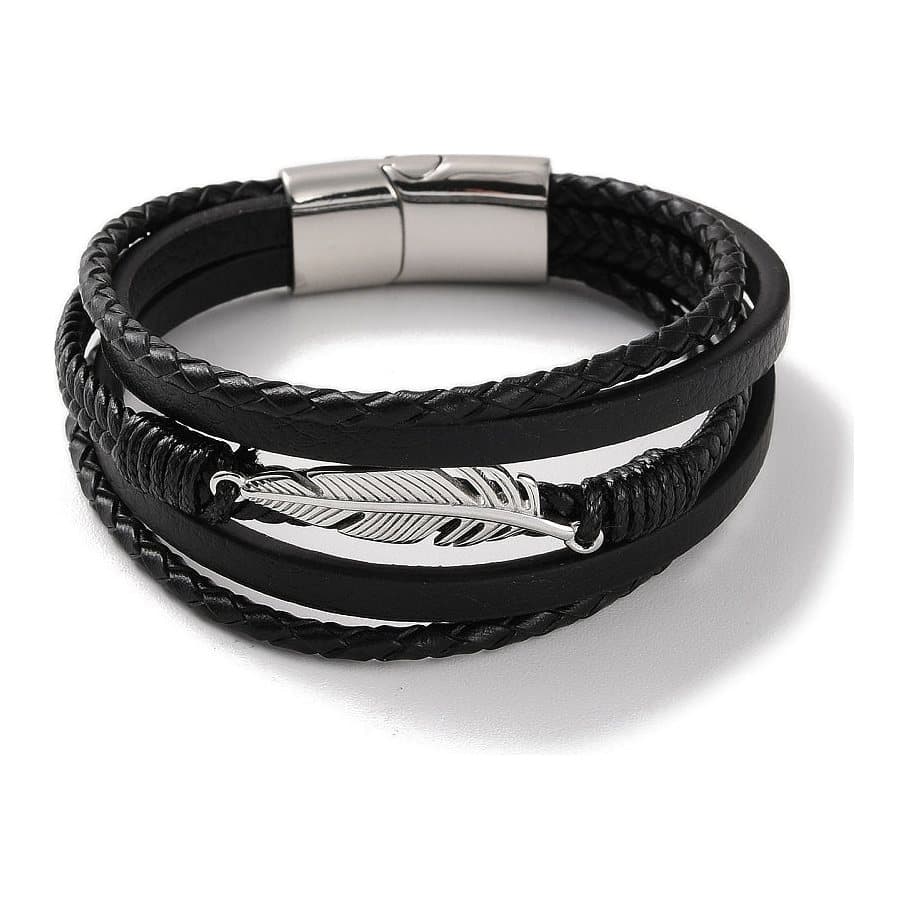 Men's black bracelet with interwoven faux leather strands and a silver-toned clasp