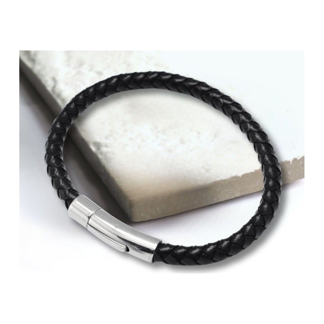 Men's black leather rope bracelet with a silver coloured magnetic clasp