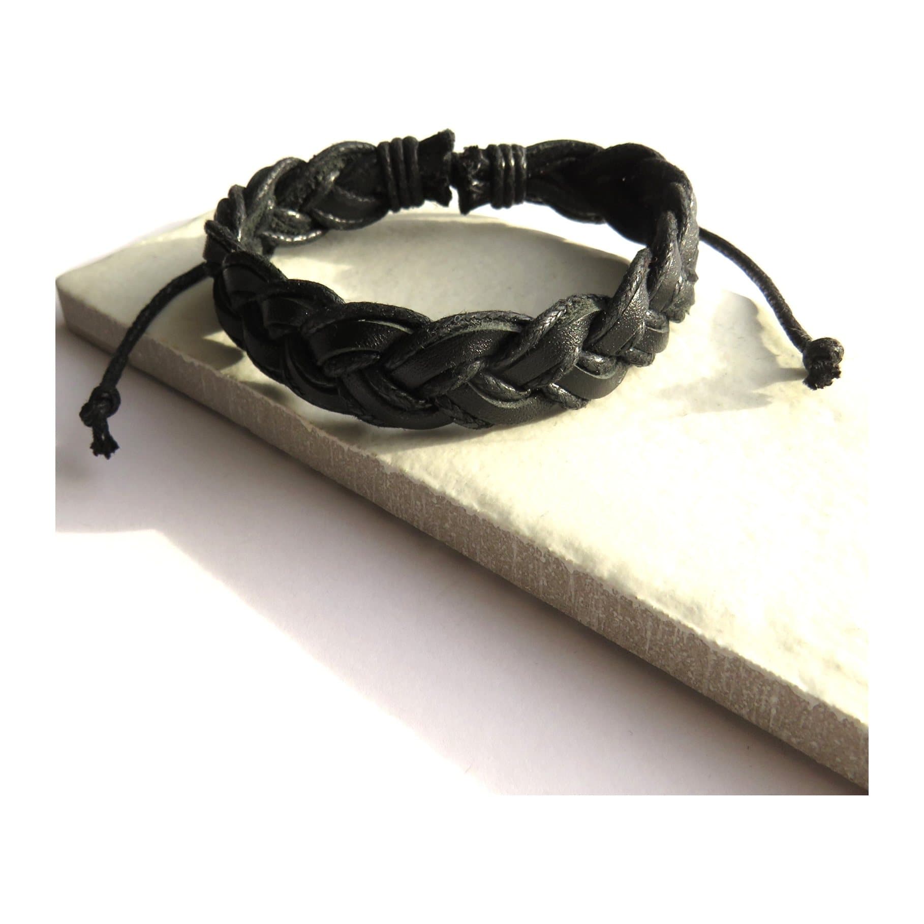 Men's black pleated real leather bracelet