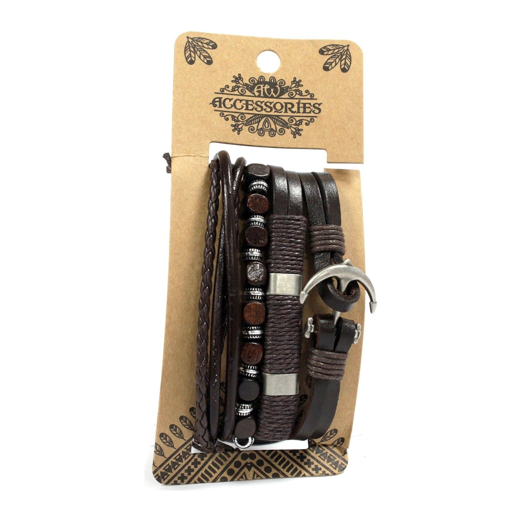 Men's bracelet set with leather cord and metal charms