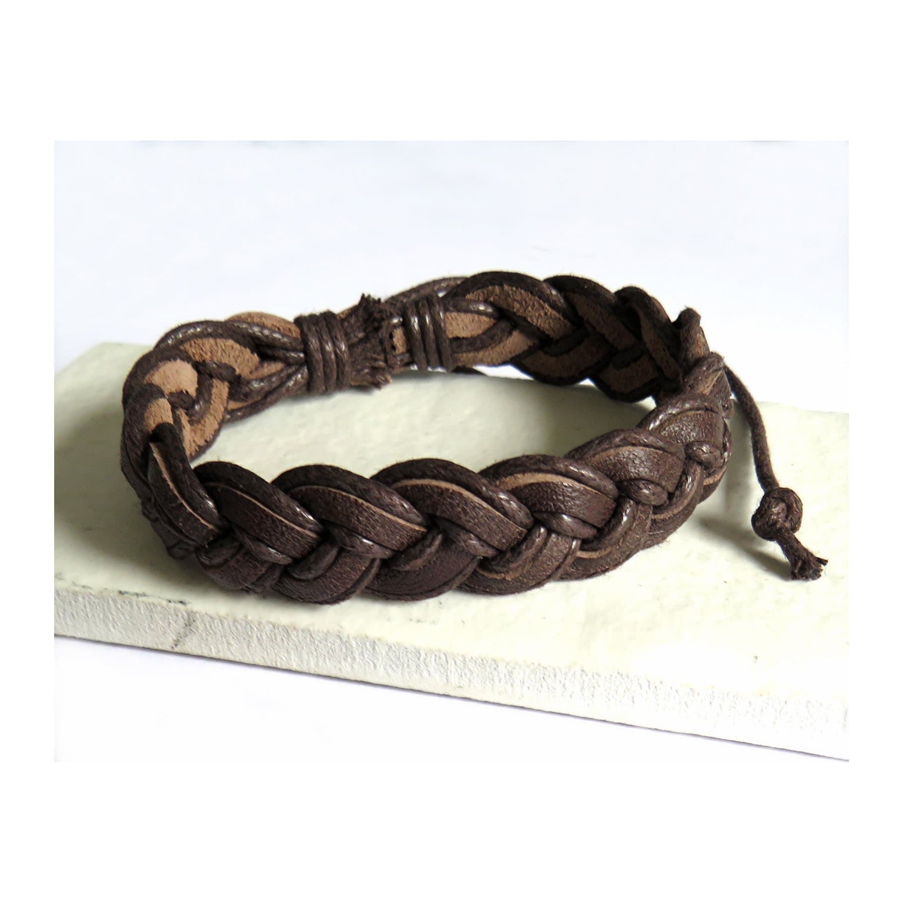Men's brown pleated leather bracelet