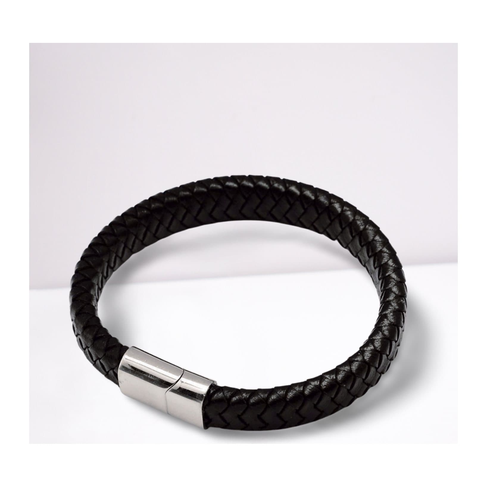 Black braided leather bracelet with a silver coloured stainless steel fastening