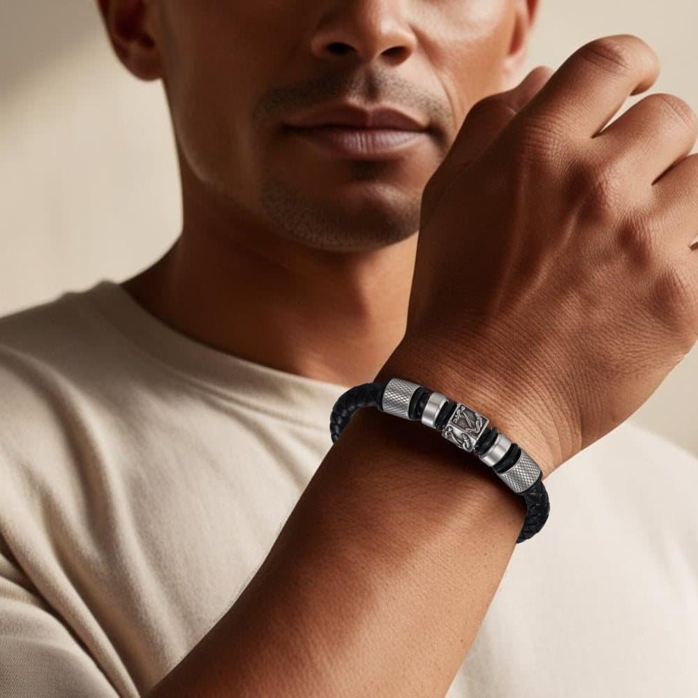 Men's black pleated faux leather bracelet with silver-coloured nautical beads