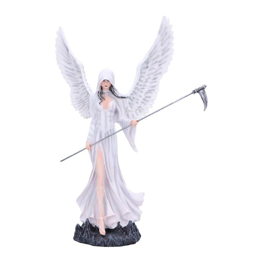 Small resin hooded angel figurine in white robes holding a scythe